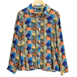 APNY Blouse Top Womens‎ XL Button Down Up Collar Geometric Artsy Shirt Unique